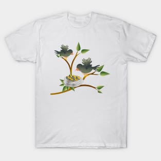 Bird with a worm perched on a tree with nest with young nestlings chirping for food. T-Shirt